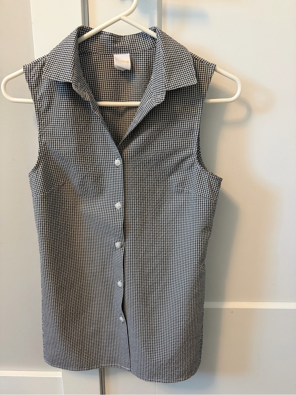 Lole Black and White Sleeveless Button-Up Gingham Top